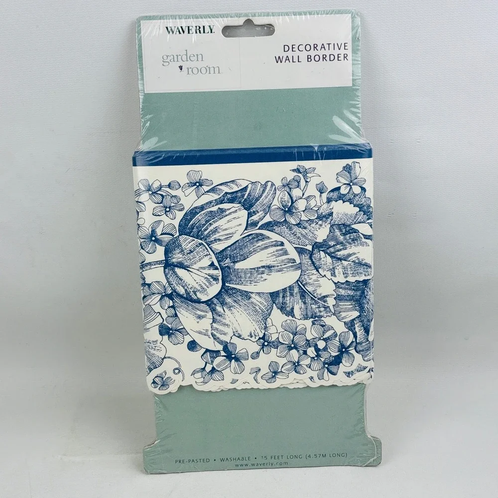 Waverly Garden Toile Lapis Blue Wall Border Floral 15ft Pre-Pasted Washable 2000